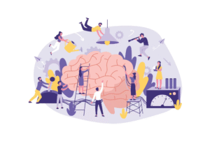 Illustration eines Gehirns, umgeben von Menschen, die an Kreativität und Ideen arbeiten, Zahnräder symbolisieren Gedankenprozess.