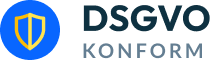 DSGVO konformes Logo mit blauem Schild-Symbol, symbolisiert Datenschutz und Sicherheit.
