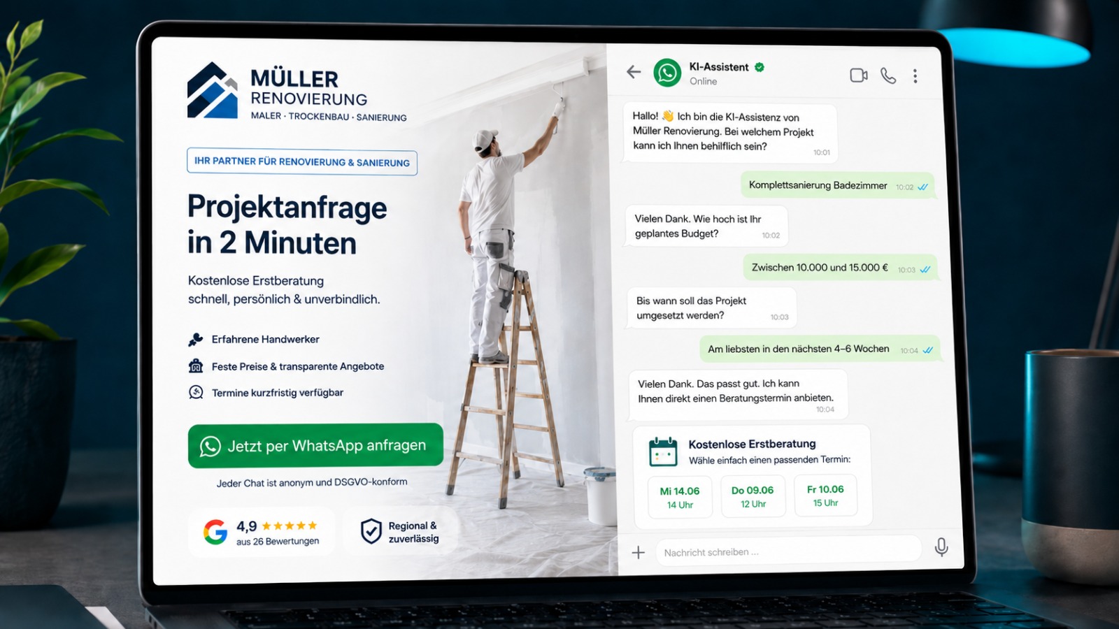 Eine Webseite, auf der ein KI Assistent geöffnet ist